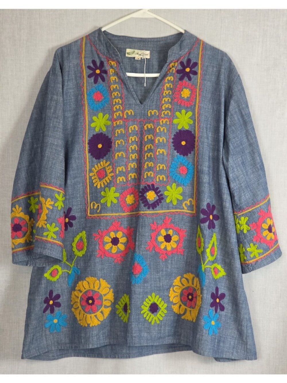 Angel Heart Embroidered Tunic Shirt Boho Neon Size 1X Floral Multicolored Fall